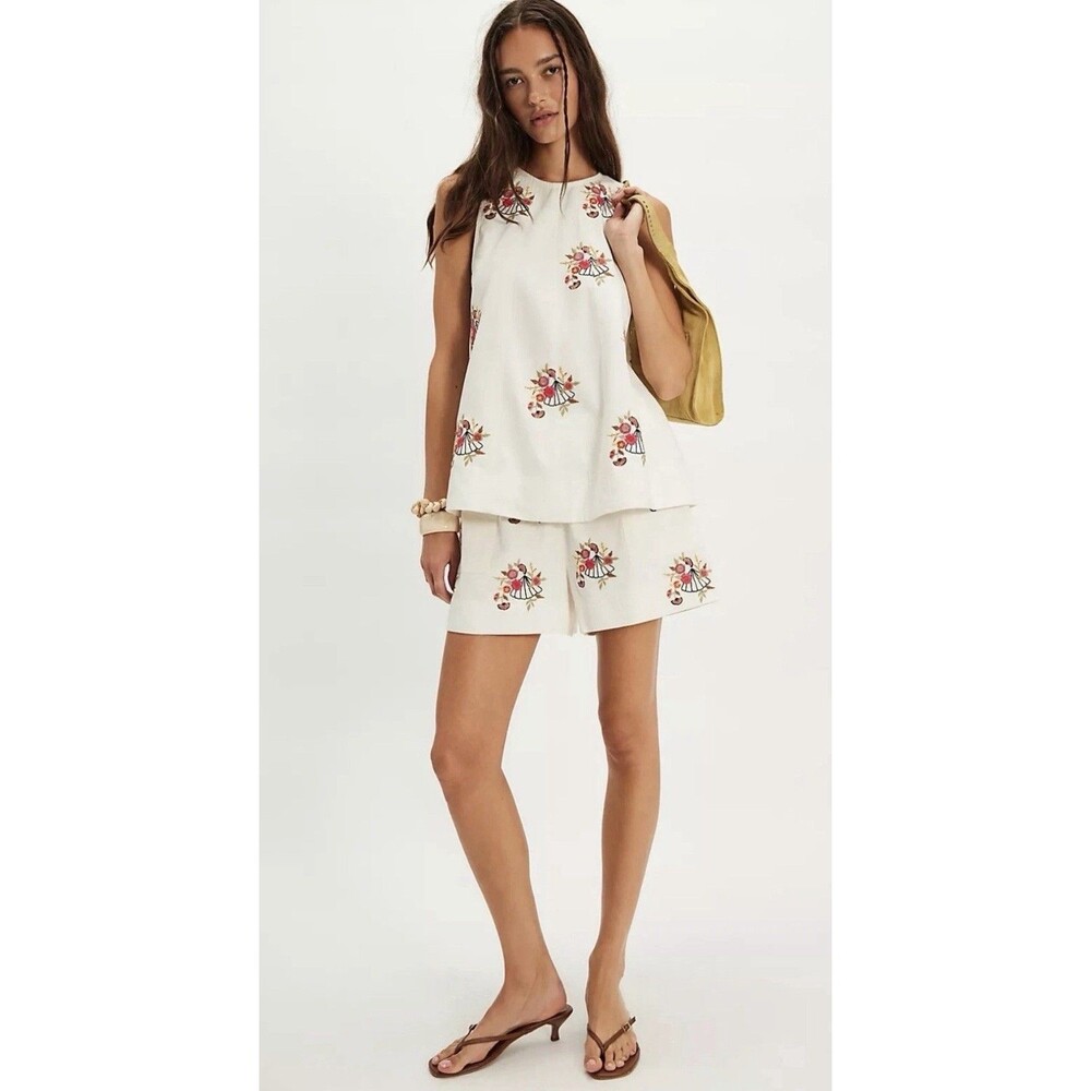 FREE PEOPLE Strada Embroidered 2 Pc Set Neutral Combo Shorts Top Size Medium NWT